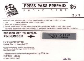 1996 Press Pass Premium - $5 Phone Cards #2 Ricky Craven Back