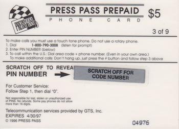 1996 Press Pass Premium - $5 Phone Cards #3 Bill Elliott Back