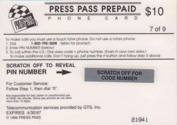 1996 Press Pass Premium - $10 Phone Cards #7 Mark Martin Back