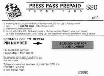 1996 Press Pass Premium - $20 Phone Cards #1 Johnny Benson Jr. Back