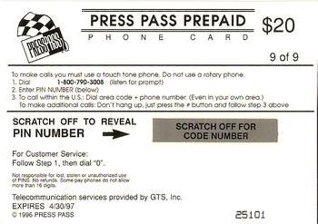 1996 Press Pass Premium - $20 Phone Cards #9 Michael Waltrip Back