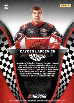 2018 Panini Victory Lane #39 Cayden Lapcevich Back