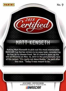 2018 Panini Certified #9 Matt Kenseth Back