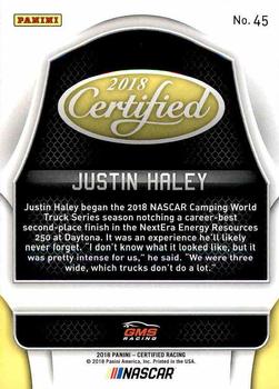 2018 Panini Certified #45 Justin Haley Back