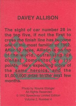 1992 Speedway Limited Edition Number 4 #NNO Davey Allison Back