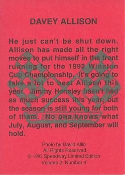 1992 Speedway Limited Edition Number 4 #NNO Davey Allison / Jimmy Hensley Back