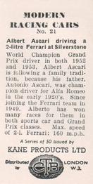 1954 Kane Products Modern Racing Cars #21 Alberto Ascari Back