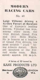 1954 Kane Products Modern Racing Cars #40 Luigi Villoresi Back