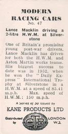 1954 Kane Products Modern Racing Cars #47 Lance Macklin Back