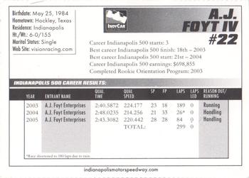 2007 Indianapolis 500 #NNO A.J. Foyt IV Back
