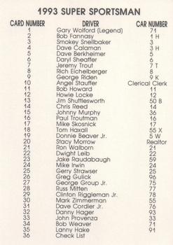 1993 Art's Collectibles Silver Spring Speedway Super Sportsman Series I #36 Checklist Back