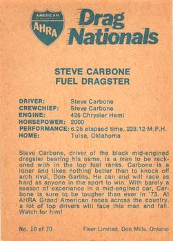 1972 Fleer AHRA Drag Nationals Canadian #10 Steve Carbone Back