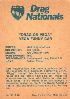 1972 Fleer AHRA Drag Nationals Canadian #36 Mart Higginbotham Back