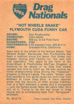 1972 Fleer AHRA Drag Nationals Canadian #46 Don Prudhomme Back