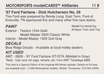 1992 Motorsports Modelcards Blue Ridge Decals #11 B Dick Hutcherson Back