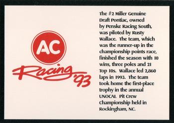 1993 AC Racing 93 Collectable AC Spark Plug/Race Card Sets #NNO Rusty Wallace Back