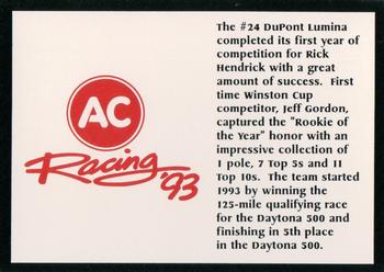 1993 AC Racing 93 Collectable AC Spark Plug/Race Card Sets #NNO Jeff Gordon Back