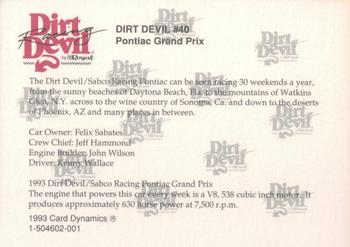 1993 Card Dynamics Dirt Devil Racing #NNO Kenny Wallace Back