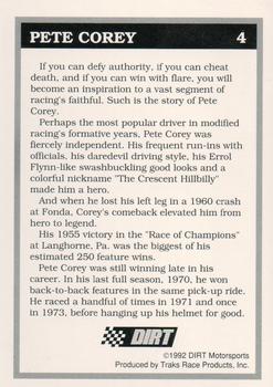 1992 Traks Dirt Hall of Fame #4 Pete Corey Back