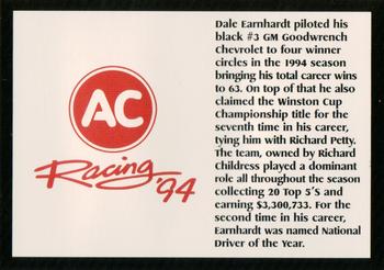 1994 AC Racing 94 Collectable AC Spark Plug/Race Card Sets #NNO Dale Earnhardt Back