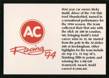 1994 AC Racing 94 Collectable AC Spark Plug/Race Card Sets #NNO Ricky Rudd Back