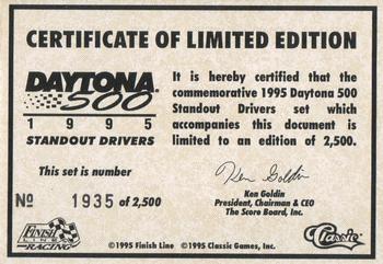 1995 Finish Line - Daytona 500 Standout Drivers #NNO Certificate of Limited Edition Front