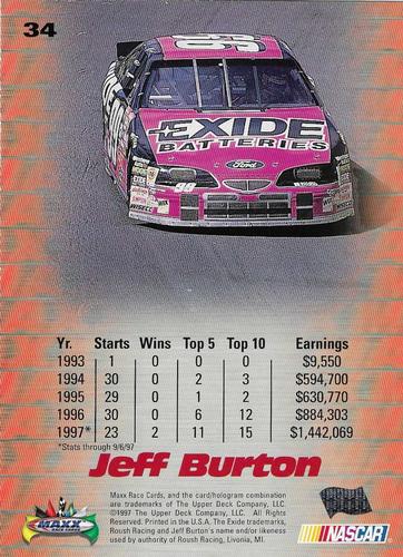 1997 Maxx - Jumbo #34 Jeff Burton Back