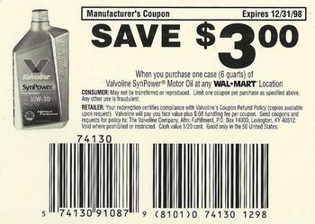 1998 Valvoline #NNO $3.00 Wal-Mart Coupon Back