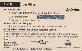 1996 Classic McDonald's Racing Phone Cards #1 Joe Gibbs Back