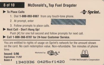 1996 Classic McDonald's Racing Phone Cards #8 Cory McClenathan Back