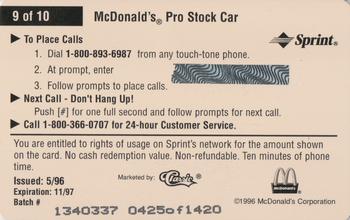 1996 Classic McDonald's Racing Phone Cards #9 Jim Yates Back