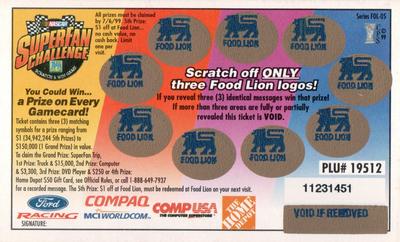 1999 Food Lion NASCAR SuperFan Challenge Game #NNO Jimmy Spencer's Car Back