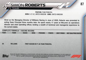2020 Topps Chrome Formula 1 #87 Simon Roberts Back