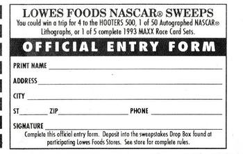 1993 Maxx Lowes Foods Stickers - Singles #NNO Bobby Labonte Back