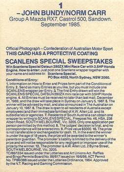1986 Scanlens Australian Motor Racing Cards #1 John Bundy / Norm Carr Back