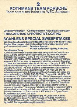 1986 Scanlens Australian Motor Racing Cards #2 Rothmans Team Porsche Back