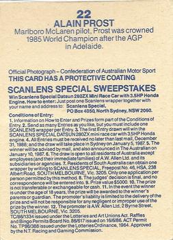 1986 Scanlens Australian Motor Racing Cards #22 Alain Prost Back