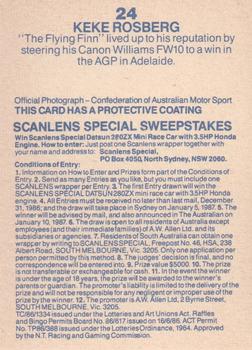 1986 Scanlens Australian Motor Racing Cards #24 Keke Rosberg Back