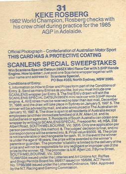 1986 Scanlens Australian Motor Racing #31 Keke Rosberg Back