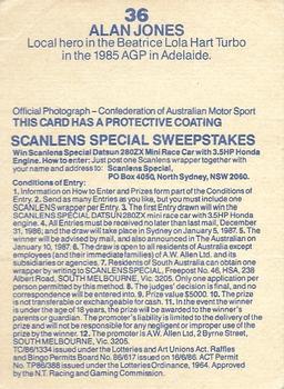 1986 Scanlens Australian Motor Racing Cards #36 Alan Jones Back