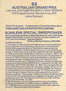 1986 Scanlens Australian Motor Racing #53 Australian Grand Prix Back
