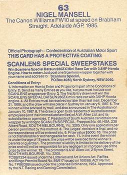 1986 Scanlens Australian Motor Racing #63 Nigel Mansell Back