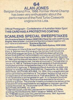 1986 Scanlens Australian Motor Racing Cards #64 Alan Jones Back