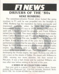 1995 F1 News Drivers Of The '80's #15 Keke Rosberg Back