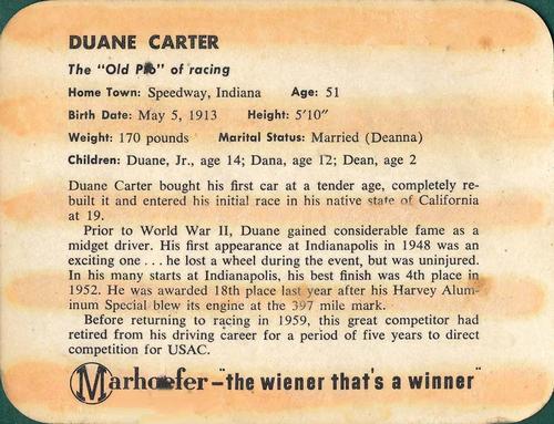 1964 Marhoefer Indianapolis Drivers #NNO Duane Carter Back