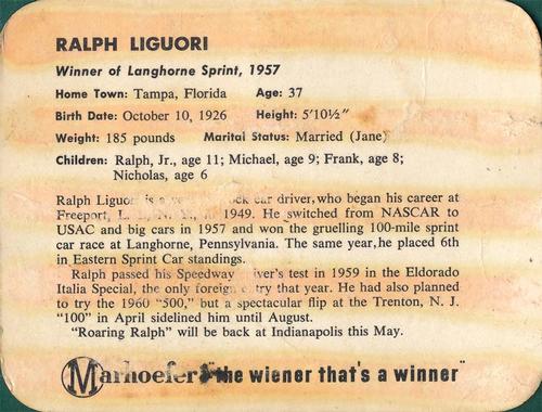 1964 Marhoefer Indianapolis Drivers #NNO Ralph Liguori Back