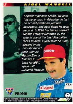 1994 Futera Adelaide F1 Grand Prix - Promo #3 Nigel Mansell Back