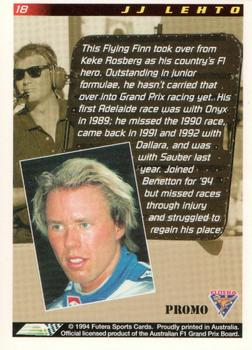 1994 Futera Adelaide F1 Grand Prix - Promo #18 J.J. Lehto Back