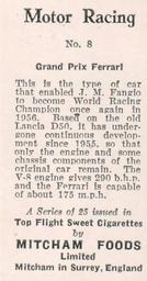 1957 Mitcham Foods Motor Racing #8 Grand Prix Ferrari Back