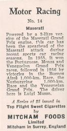1957 Mitcham Foods Motor Racing #14 Luigi Musso Back